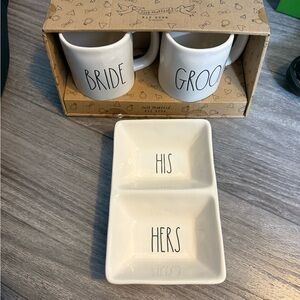 Rae Dunn White Bride and Groom Mug Set with His and Hers Tray